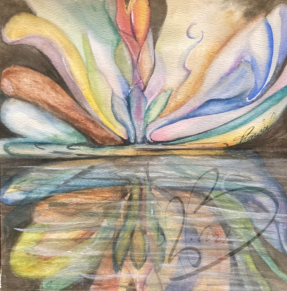 "Reflections" is 9” x 9" watercolor, on 120 lb. Cold Pressed Cotton Paper. 
I am entranced with how many ways the universe creates! From stars to a lotus flower, there is explosions of life from tiny seeds.  Reflections remind me of the past, as if we get to see what was right on the surface of the water.  Of course things are looking different in hindsight ant memory so it seems appropriate that the reflected image is not a match to the surface!