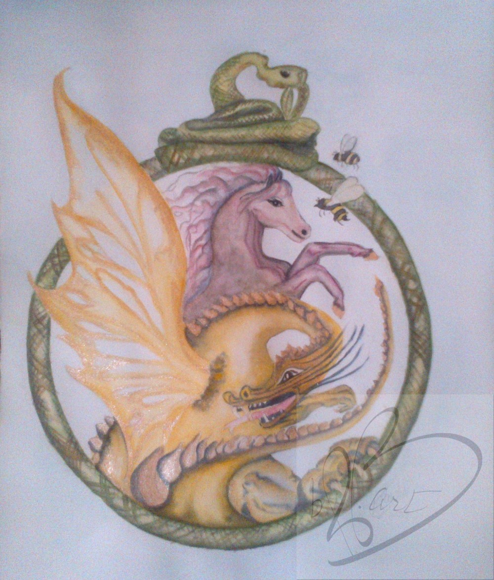 "Ouroboros" is 14” x 24" watercolor, on 140 lb. Cold Pressed Cotton Paper.  This is a symbol of the cycle of life and interconnectedness of all things.   The animals representing the four directions and the interactions of mental emotional physical and spiritual which affect how we bring our light to the world around us.