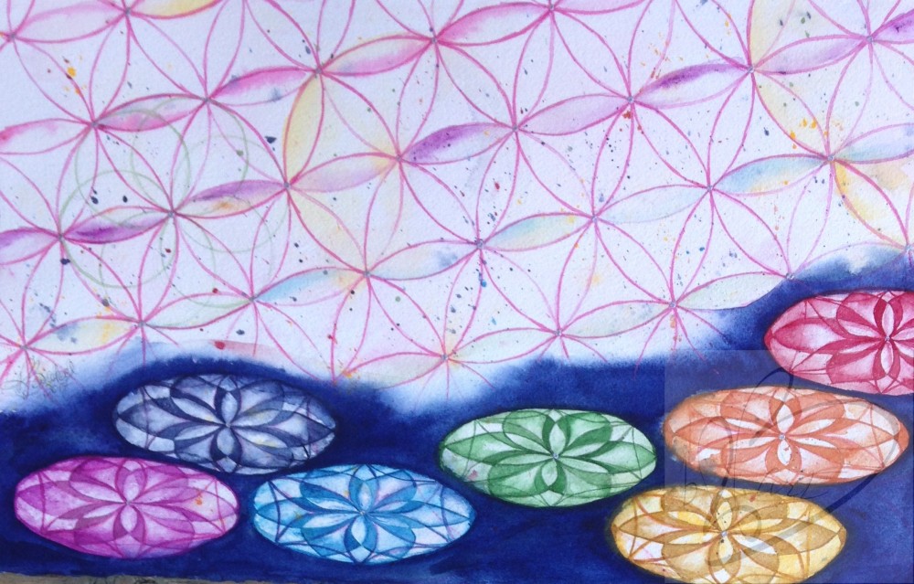 "Wheels of Light” is 16” x 24" watercolor, on 140 lb. Cold Pressed Cotton Paper.  Representing the movement of light through the prism and reflected in the flower of life for the chakras also known as wheels.  This combination has the potential to improve the flow of energy in every viewers body.