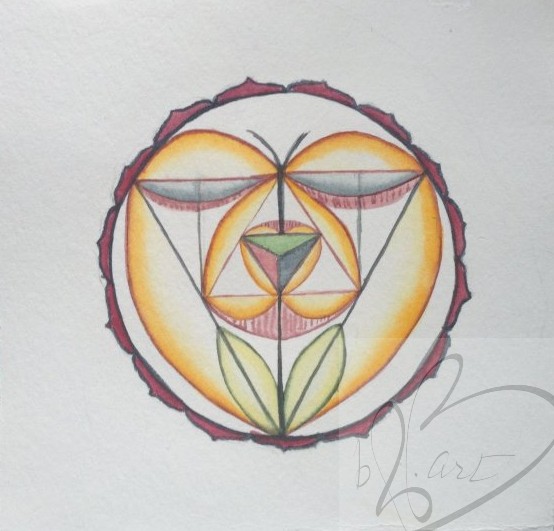 "Sanjivini” is 6” x 6" watercolor, on 120 lb. Cold Pressed Cotton Paper.  This is my play on creating a new healing image. With complete respect, it draws direct inspiration from the 'Sai Sanjeevinis', which channel the subtle spiritual energies of nature's healing forces through focused prayers onto cards, represented as printed patterns or symbols, using the science of Radiesthesia.