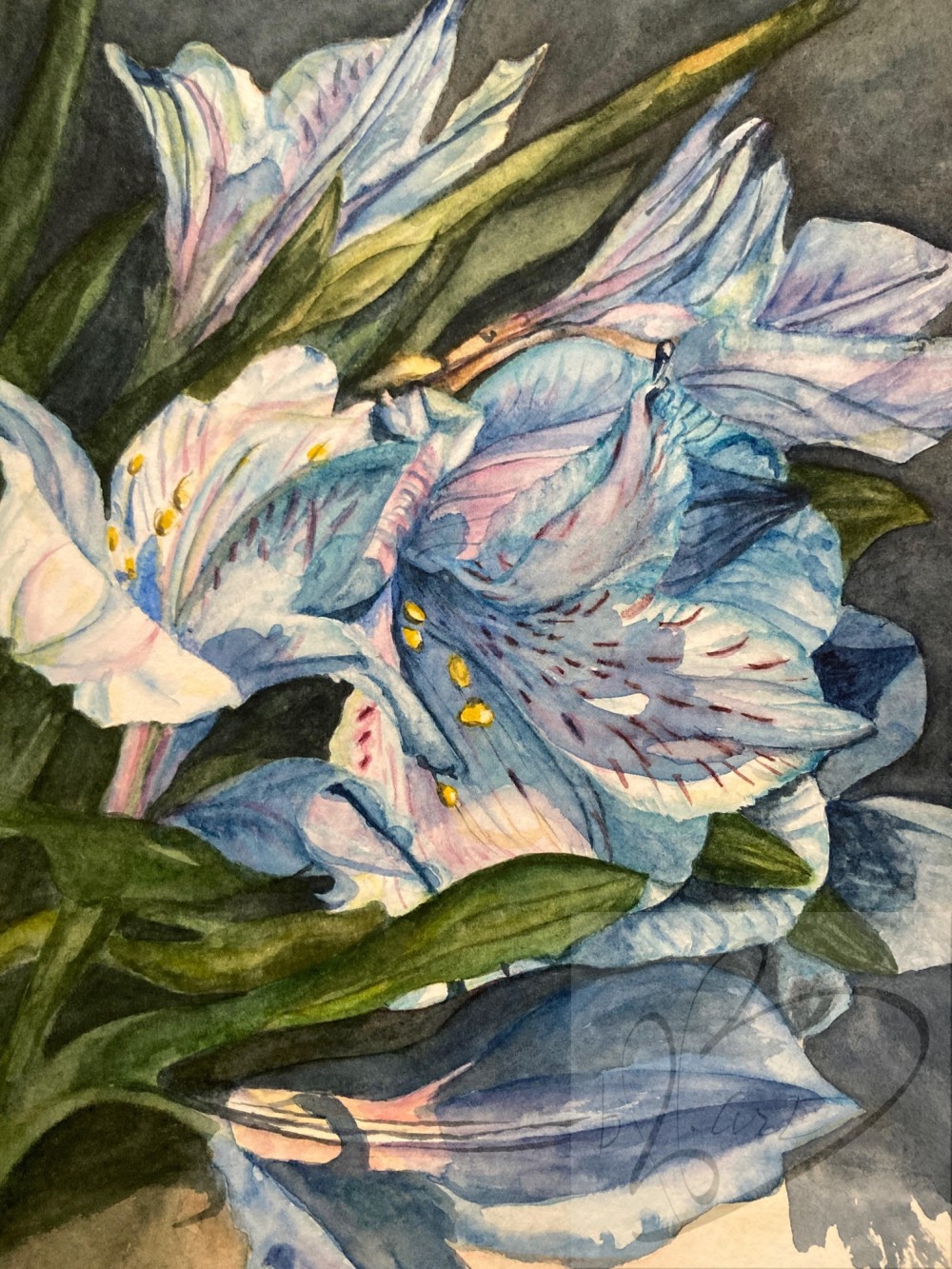 "Blue Alstroemeria" was created with a specific person in mind.. although not a commissioned piece, it has found its perfect spot.  I had so much fun creating the depth in this piece and feeling the blues adding drama and contrasting so well with the full sun... completely loved this process!