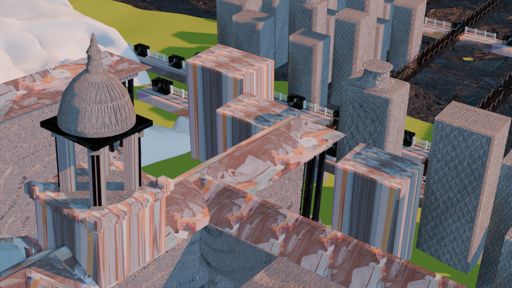 This piece provides an elevated vantage point from the city summit. The perspective is anchored
atop a denim-textured structure—a digital reinterpretation of the Union Buildings. By rendering this
iconic architectural landmark in fabric, the work softens the rigid symbols of power, merging the
landscape of governance with the material of labour