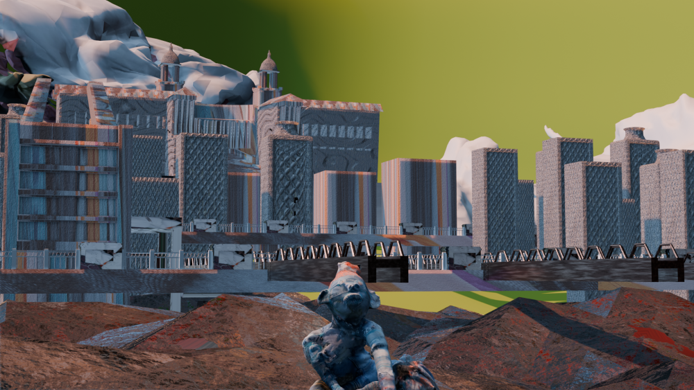 Descending from the aerial view, this piece offers an intimate glimpse into the city. A solitary figure
floats in the water, capturing a moment of profound tranquility. The scene visualizes the experience
of surrendering to the 'arms of leisure,' allowing the water to wash away the weight of the day.
Technically, the work merges the digital and physical by placing 3D-scanned fabric statues within
complex water simulations, creating a fluid space for renewal