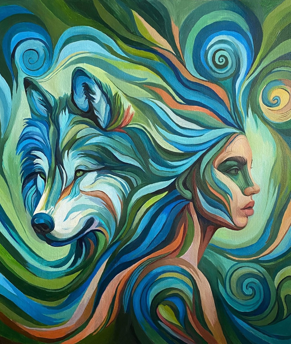 Oil painting.
This painting evokes a sense of the ancient and eternal, where humans and nature exist in harmony, supporting and protecting one another. It conveys the idea that true strength and wisdom lie in understanding and respecting nature, in its spirit, which lives within each of us.