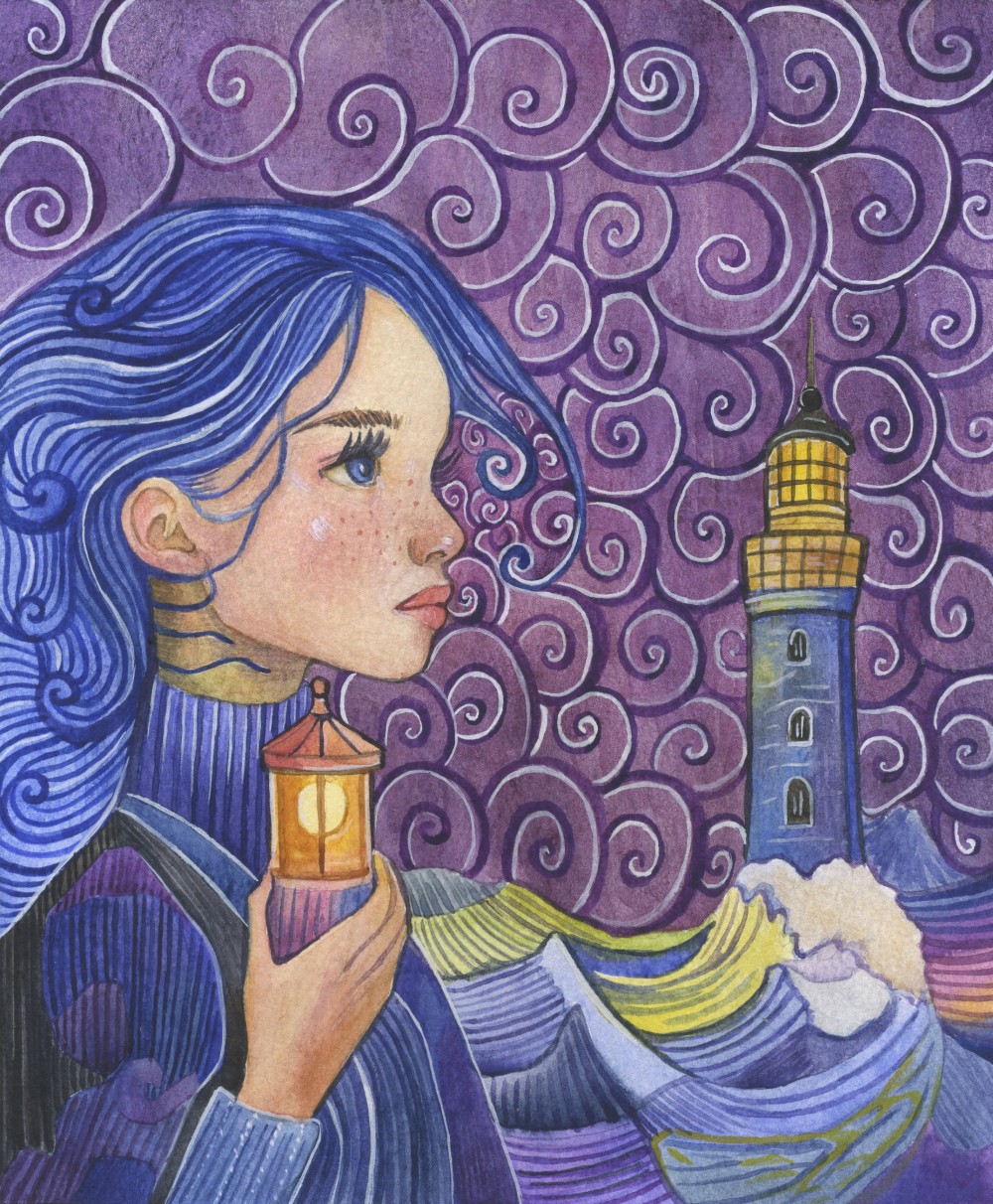 Watercolor painting.
On the edge of a raging world where the sea and sky weave spirals of anxiety, she stands alone — not lost, but choosing to remain herself.
Her gaze is directed to where the lighthouse is shining in the distance. The lighthouse, as an echo of her own soul, responds to her with the same light that she carries within herself.