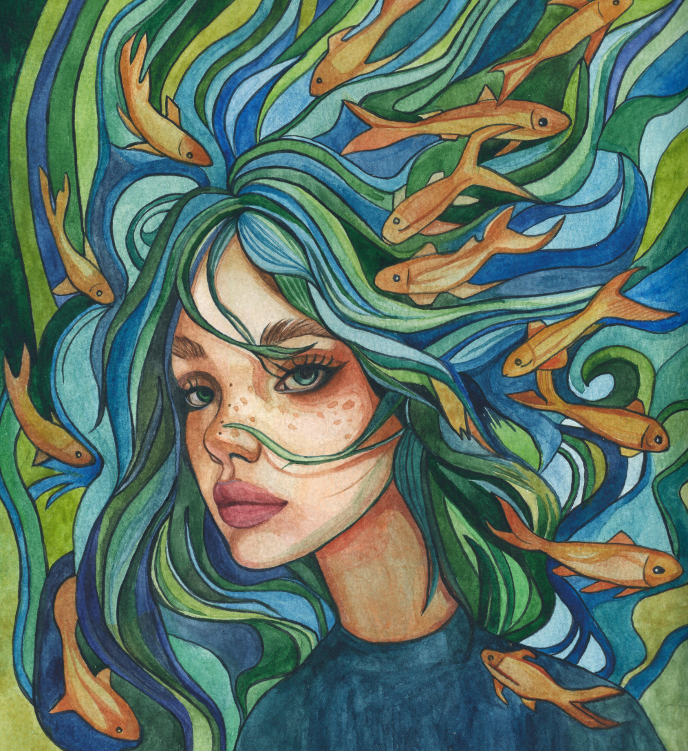 Watercolor artwork.
This painting, with its palette and movement, conveys a sense of tranquility and meditative solitude, reminding us of the importance of becoming part of something greater and finding unity in life itself. The painting the viewer to immerse themselves in this magical atmosphere, to feel the unity with nature, and to reveal the hidden facets of their own consciousness.