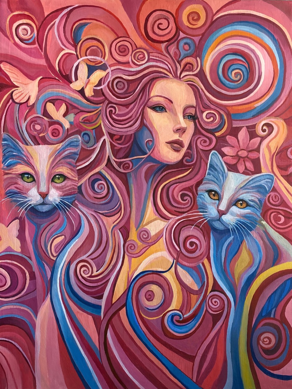 Oil painting.
This painting transports the viewer into a magical space where all the elements harmoniously intertwine, creating a unique atmosphere of calm and fantasy. "In the World of Pink Dreams" is a journey into a dreamy, surreal world filled with warm hues and soft forms, evoking a sense of peace and enchantment.