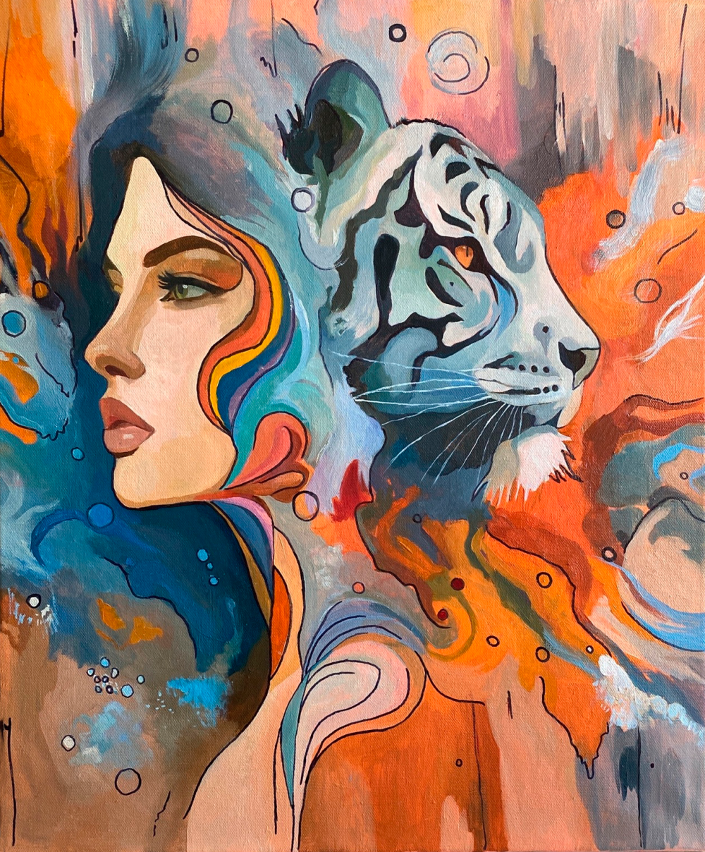 Oil painting.
This painting from the series "Fusion" depicts a girl merging with the image of a tiger.
Abstract elements and a rich palette enhance the feeling of movement and energy, conveying the idea that man and nature are a single whole, intertwining and complementary to each other.