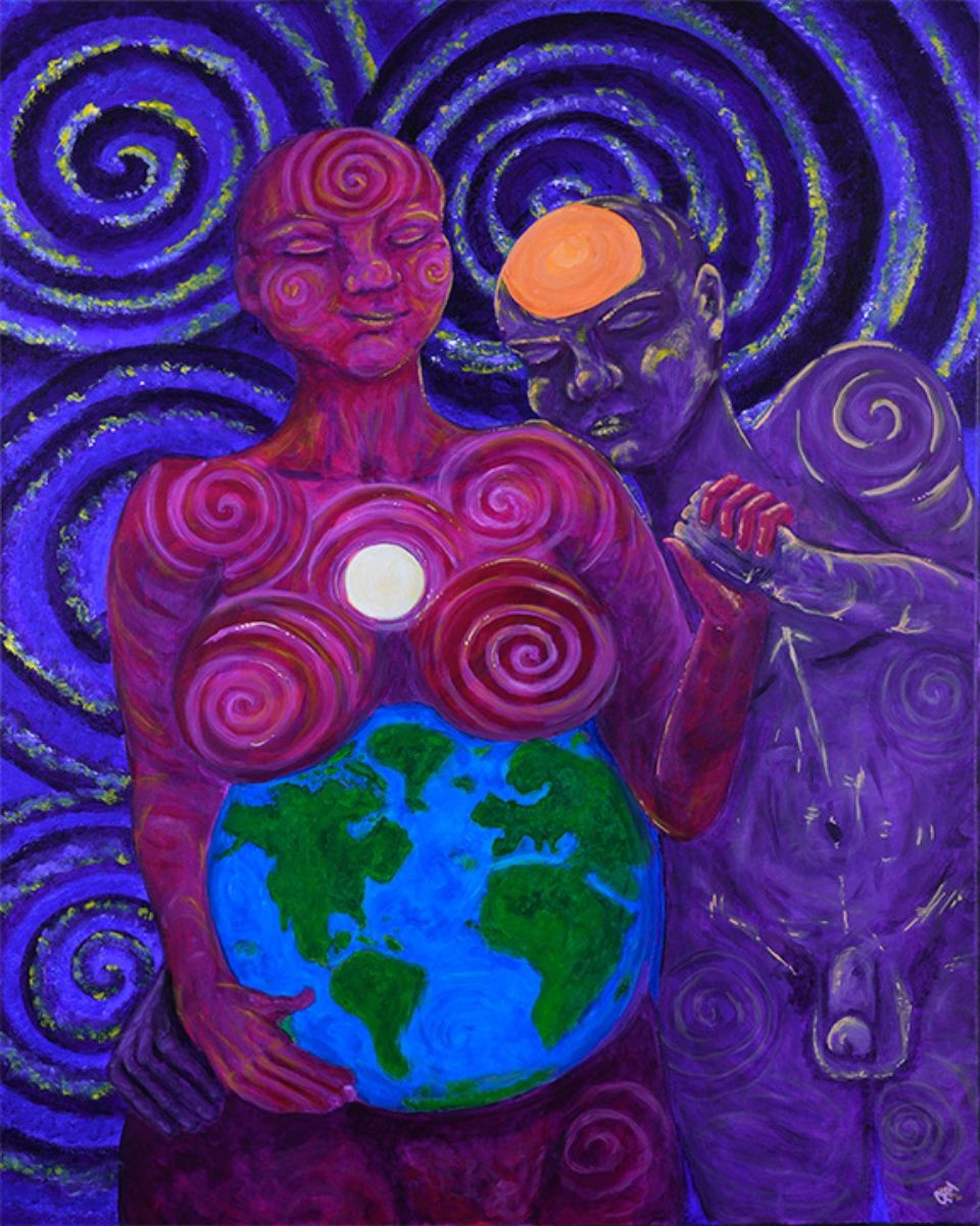 30x40, Heavy body Acrylic on Canvas, 2025
 
Reinventing Moon Mama; circled in sacred support. This piece marks the first emergence of the Father Sun, his presence a radiant shield. He stands protectively over the Earth womb, holding space for cosmic balance and creation.