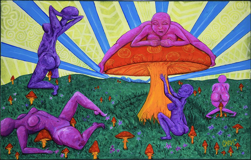 24x36, Heavy Body Acrylics on Cork, 2023

Amid tender caps and fertile bloom, the ladies surrender to the essence of fungi, provoking erotic pleasure as they lay entwined in nature’s lush release.