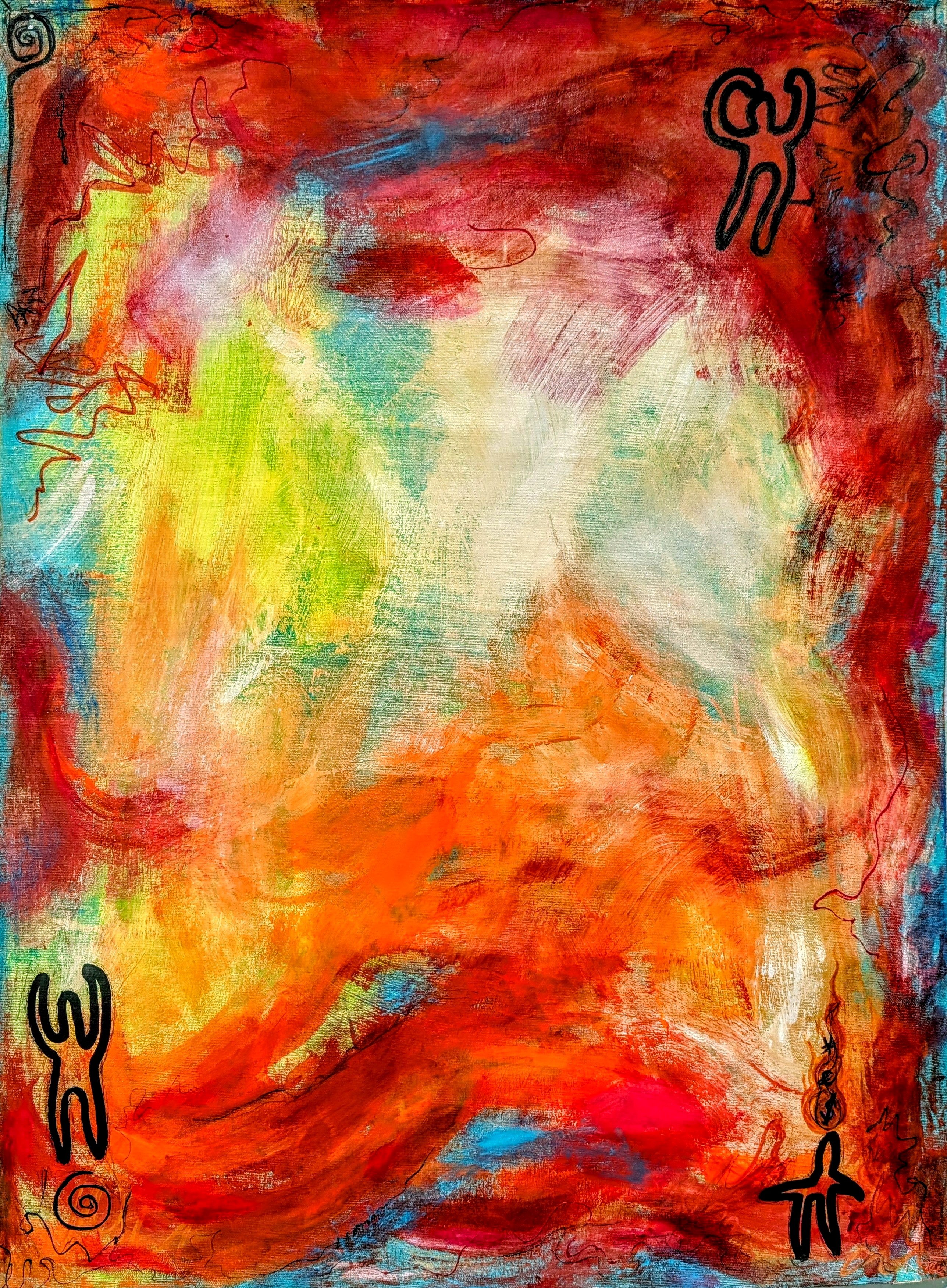 Ceci is a self-taught artist based in Barcelona, whose work is deeply influenced by the expressive power of art when dealing with emotion, her Scottish upbringing in nature, and the humour and resilience of the human spirit. Blending surrealism, abstraction, and figurative elements, her paintings draw from multiple cultures, street art, cinema, and the vibrant music and art of Africa and South/Central America.

Her creative process is fluid and intuitive - pieces emerge rapidly, then evolve slowly. Working mainly with acrylics, spray paint, markers, inks and more, she channels emotion through her use of bold colours, layered textures, and movement, to explore the often chaotic nature of human expression.

Driven by her love of intense colour and free-form expression, Ceci paints to capture joy, contemplation, and emotional turbulence. Using fiery hues and simplified symbols, she paints to express hidden emotions, the unspoken truths of everyday humanity, and masks we wear in public life.

She works to create art that invites reflection, and connection, through our own chaotic humanity.