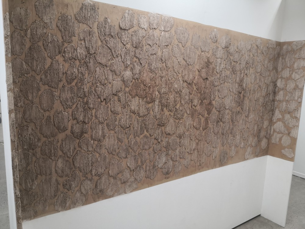 June 2021
Installation on the wall, Recycled paper tape, Plaster, Pine bark, Pinecone, Pine leaf

"无不为" (do everything) is to use artificial materials to make imitation pine bark, and finally use the bark as the raw material to make the surface colour of the bark. It is not only a description of the impression of pine forest but also an interesting contrast between man-made and nature, reflecting the destruction of nature caused by the Anthropocene and the fact that man-made can not replace nature.