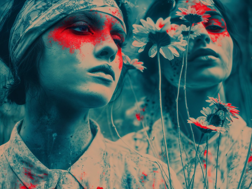 Mother to no one now, sister to grief alone, she stands doubled in sorrow's mirror,
The flowers reaching skyward like prayers from graves she'll never find.