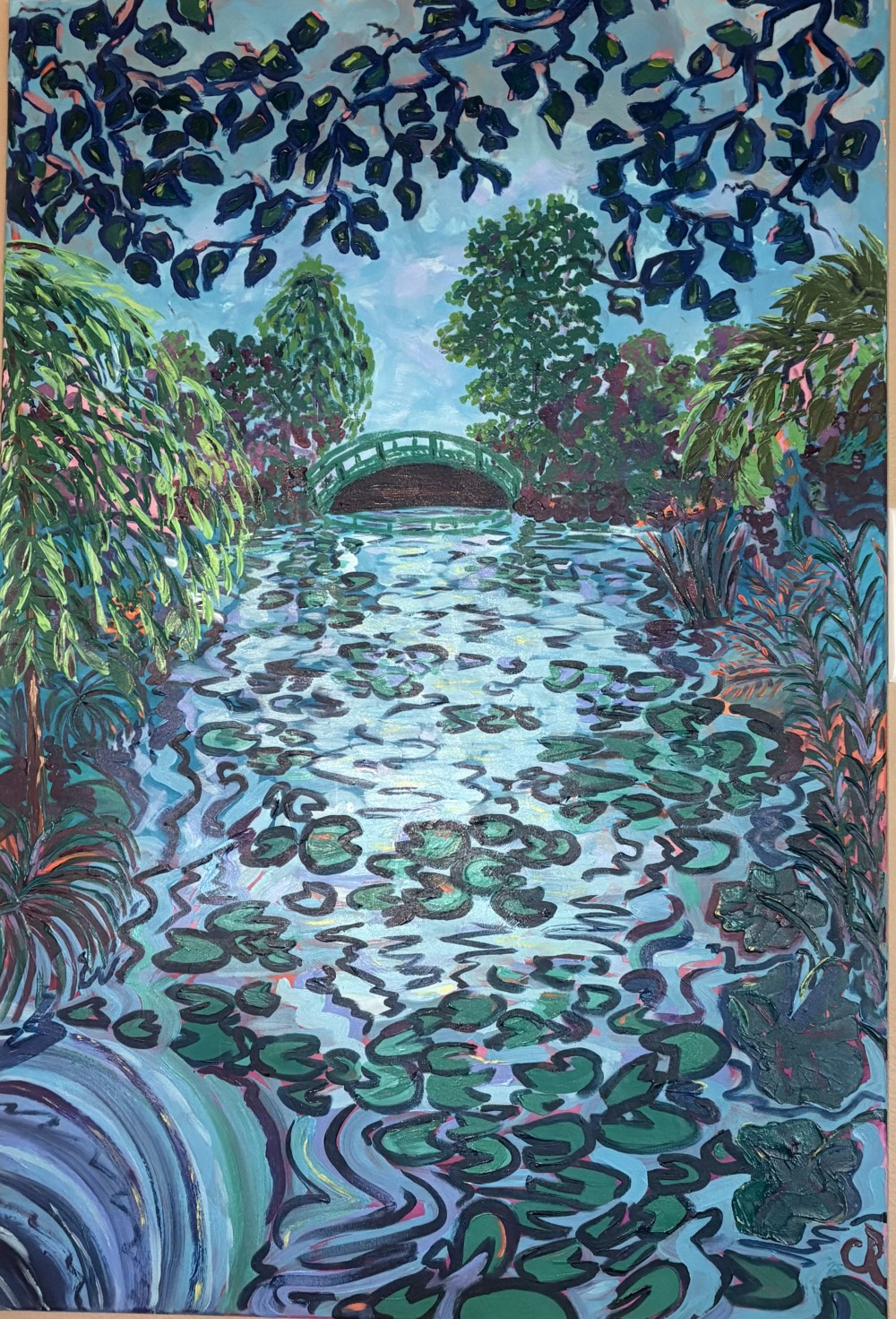 Monets Lily Bridge is a moody depiction of the famous green bridge on Claude Monet’s property in Giverny, France. Bold brushstrokes of blues, greens and purples are used to depict the classic scene which is painted in acrylic on a 40x60 stretched canvas.