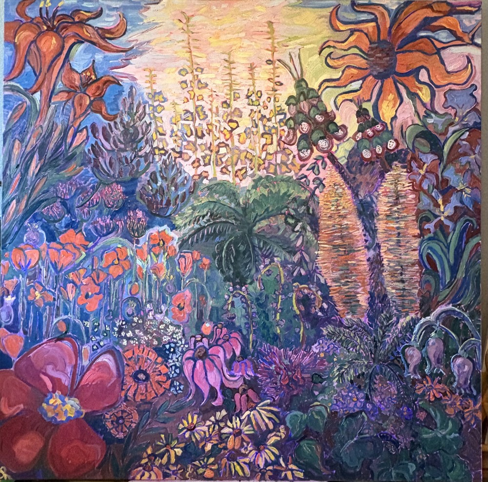 Giverny Wonderland is a dreamy depiction of flowers from Monet’s garden in Giverny vividly painted in oil from a limited palette on a 48x48 stretched canvas.