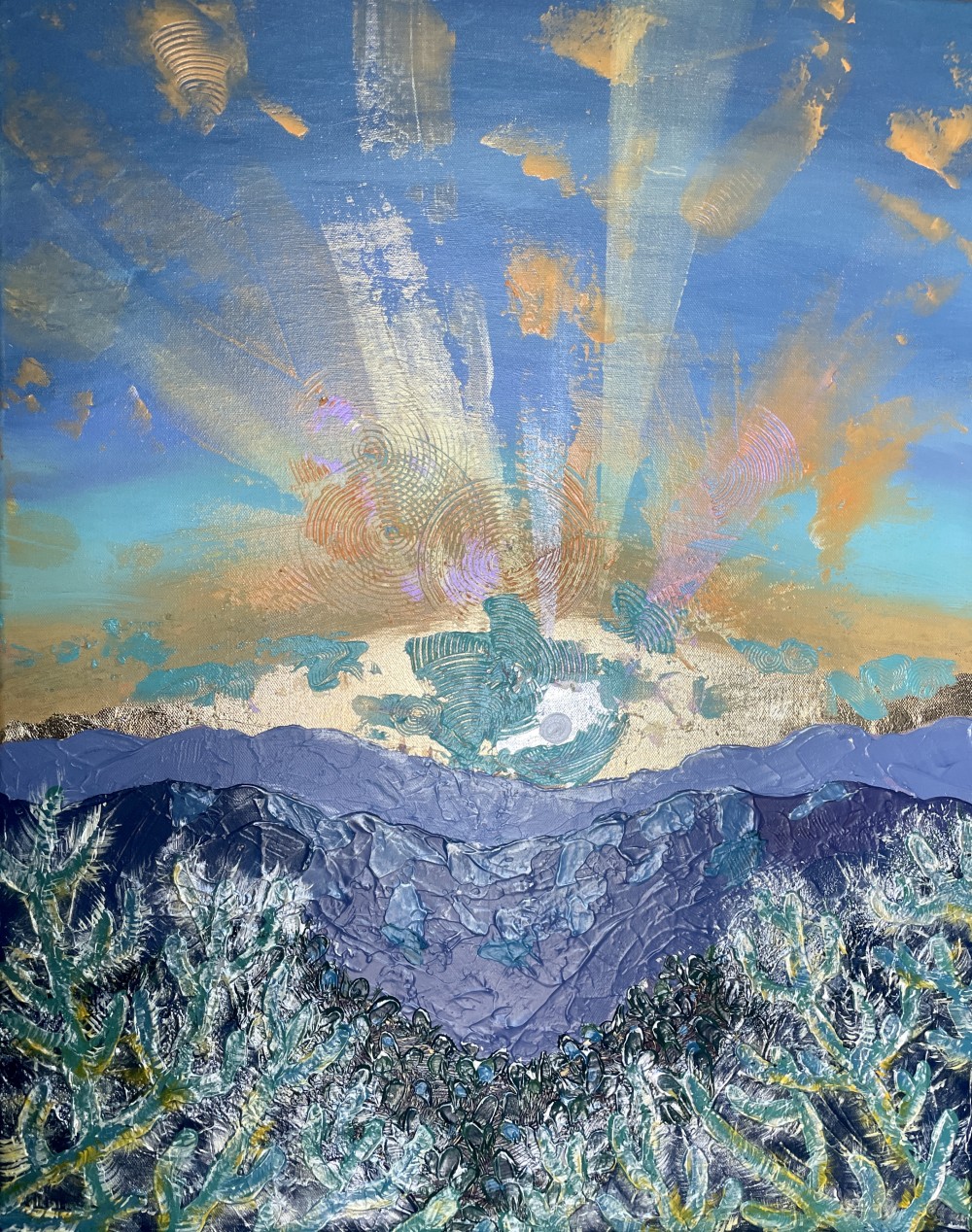 Acrylic on canvas with gold leaf. This piece was a featured piece at the 2023 Joshua Tree National Park Art Exposition. 2023 SOLD