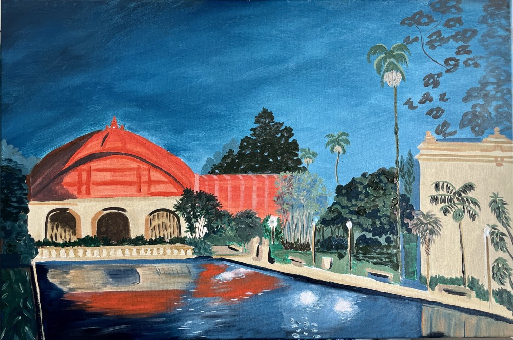 Acrylic on canvas of Balboa Park's lily pond at night. 2022 SOLD