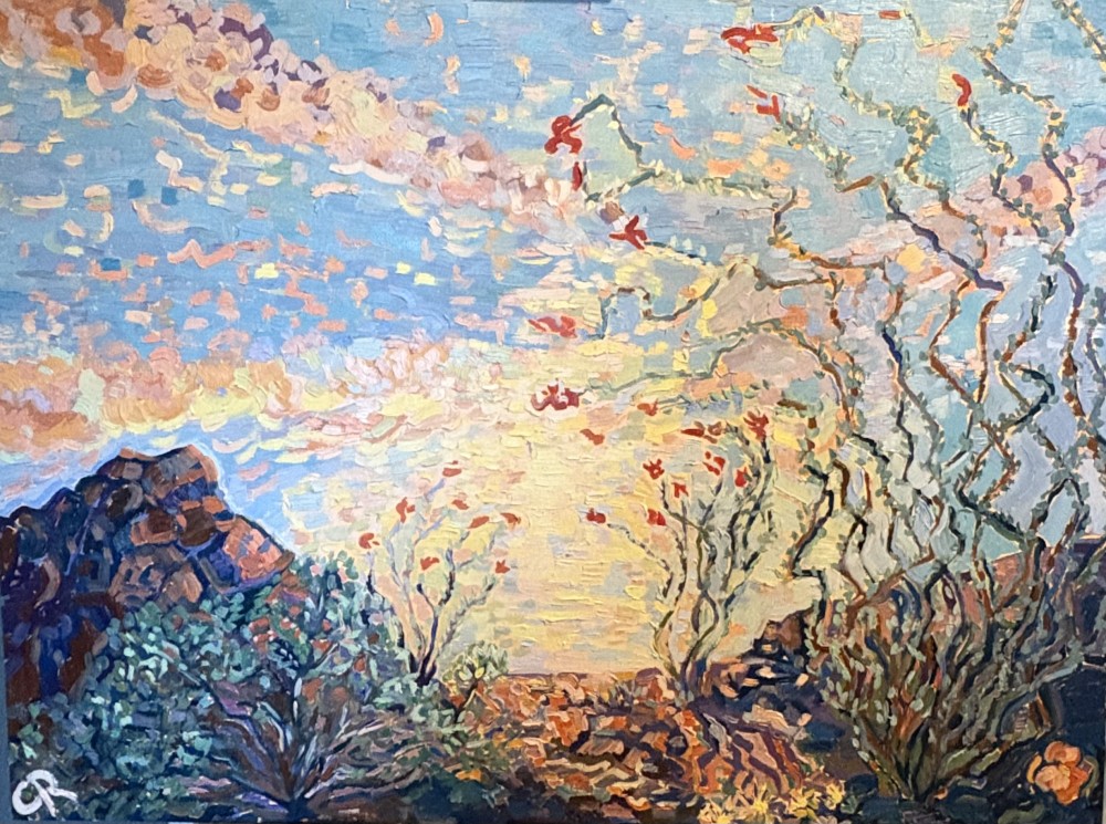 30x40 Oil on canvas of a setting sky in the ocotillo fields of Joshua Tree National Park. 2026 (Original available)