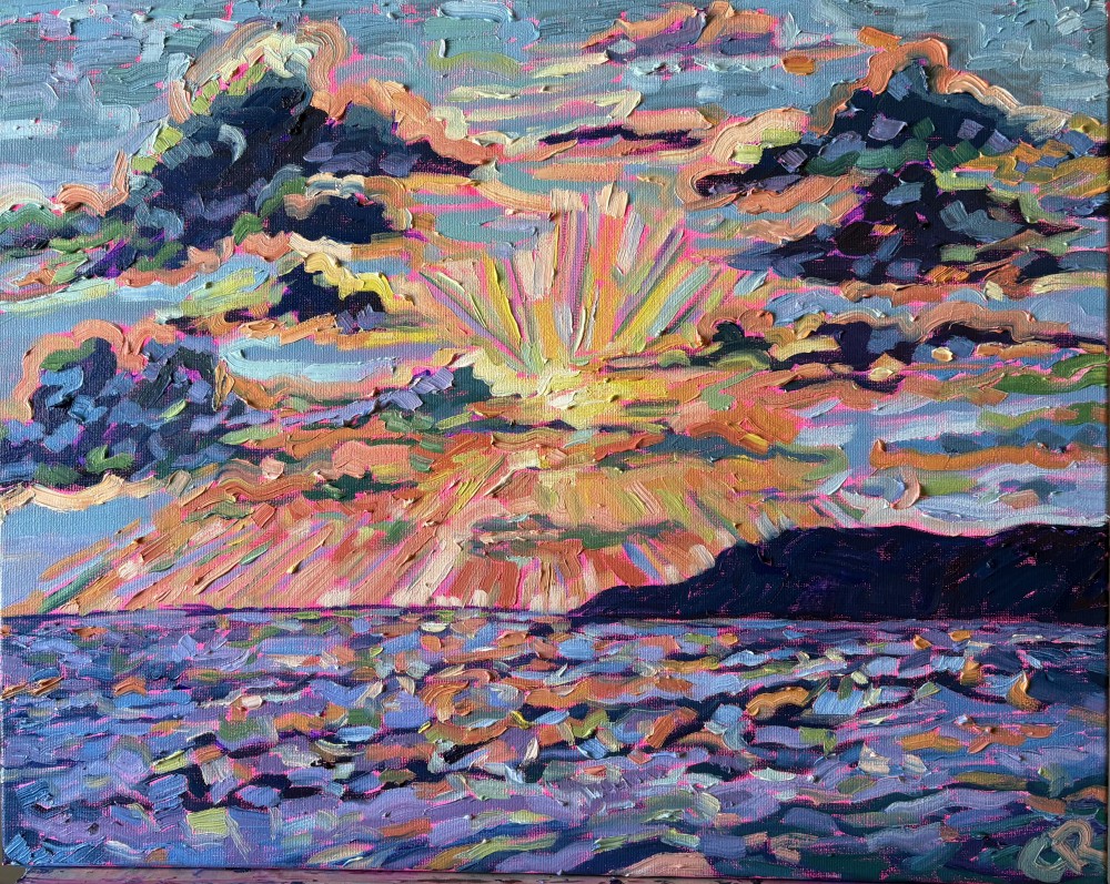 16x20 Oil on canvas of a beachside sunset viewing Point Loma in the distance. 2026 (Original available)