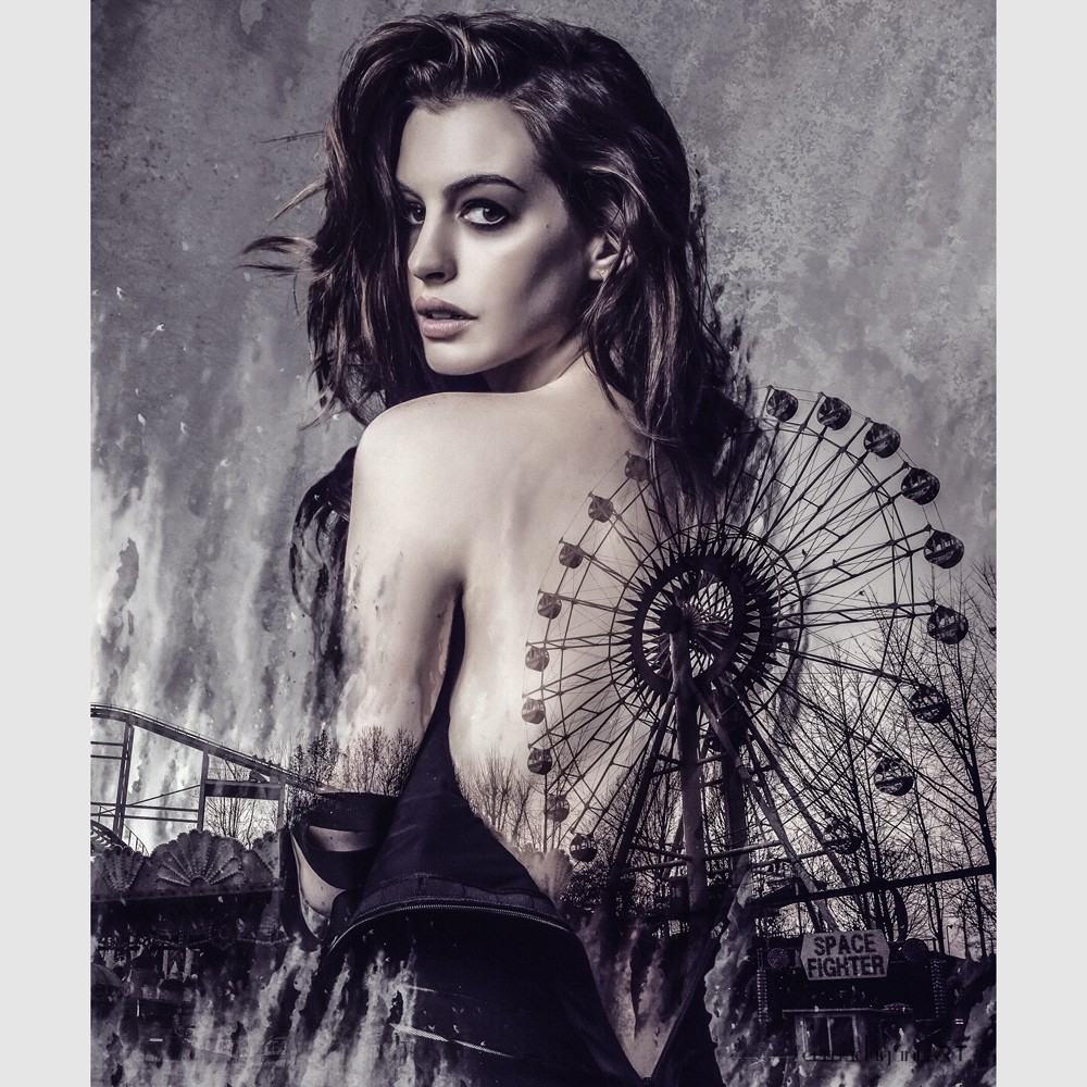 This piece was created simply because I liked Anne Hathaway and wanted to make something inspired by her. I aimed to design a composition that resembles a movie cover, blending a portrait of her that was widely viral on the internet at the time with a cinematic feel.