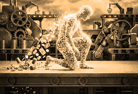 Humanity transformed into commodity, highlighting the human cost of relentless pursuit of profit.