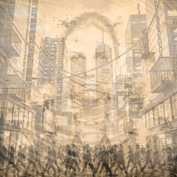 The façade of power hides the shackles beneath, masking oppression as reality.