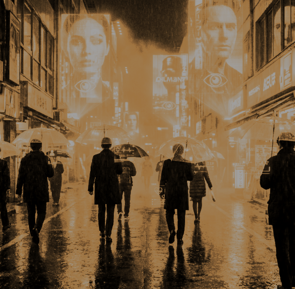 The allure of consumerism and constant surveillance, where choice and freedom are illusions.