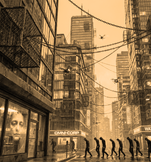 A metropolis that ensnares its citizens, where towering structures and neon lights conceal invisible chains of control.