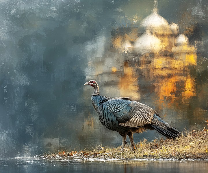 digital from my photo. a large wild turkey stands gracefully by the water's edge, with a famous historical monument in the blurred background. The scene is bathed in a warm and textured glow, creating a sense of tranquility—and foreign intrigue. prints available. see more at www.footeprintart.com