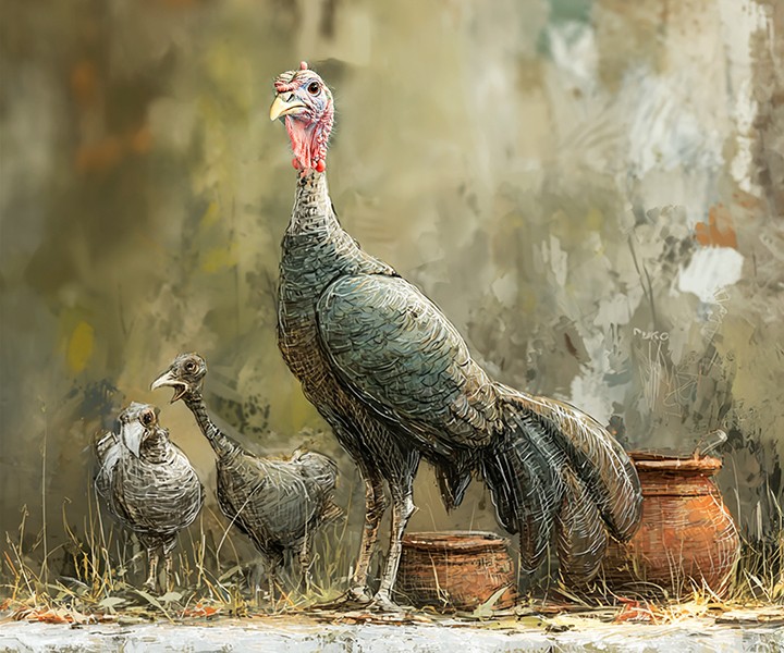 digital from my photo. three turkeys stand beside clay pots against a textured background. The scene blends realism and a touch of artistic style, conveying a rustic atmosphere. prints available. see more at www.footeprintart.com #turkey #beak #birdshots #birdnerd #birdy #bird_freaks #birdlove #birdslovers #birdsofafeather #birdland #turkeys #turkeytail #bird_watchers #birdpictures #turkeylegs #turkeyholiday