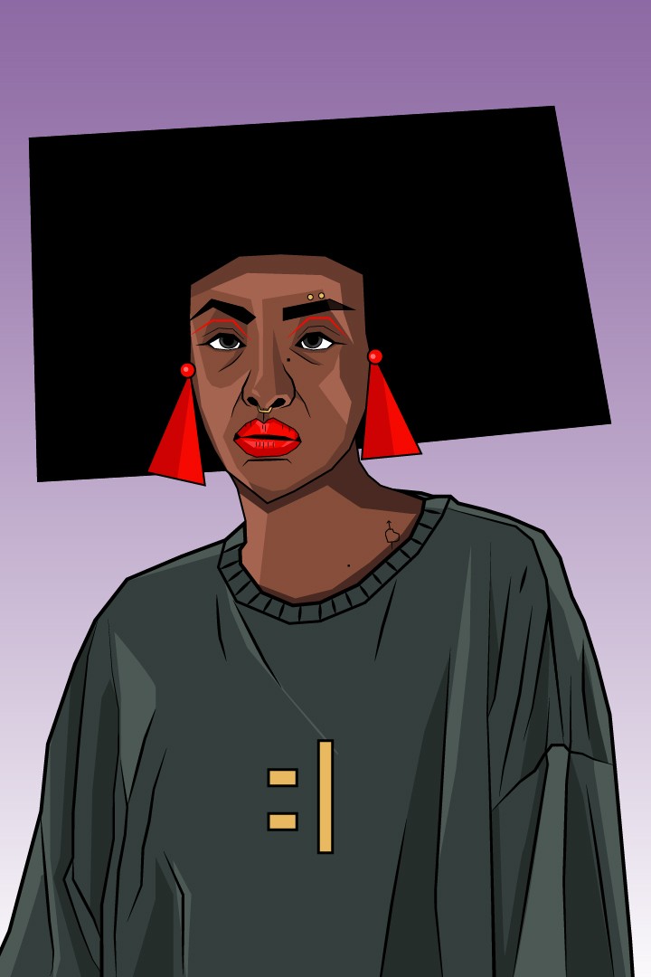 A bold portrait of a woman whose abstract boxed hair and neutral expression contrast with vivid red makeup, exploring identity, restraint, and the tension between contained emotion and expressive style.