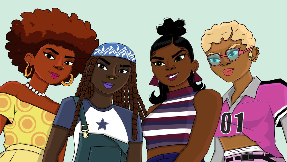 Picture perfect features a scene of four ladies posed for a group photo