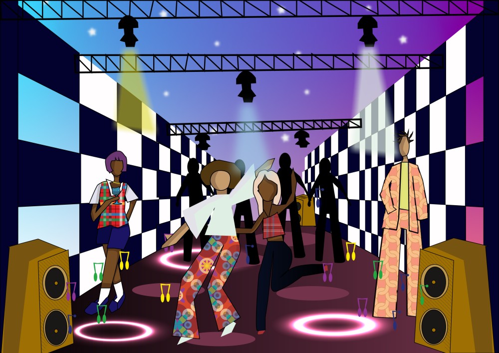 An abstract art of a scene with a group of friends living in the moment, strong use of patterns and vibrant colours.