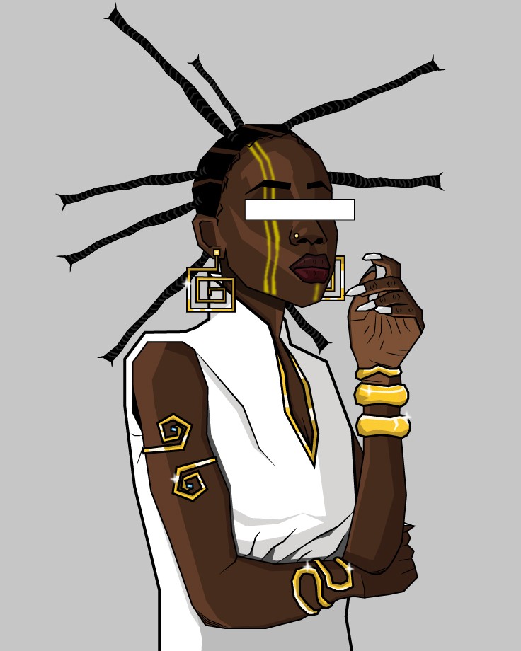 A retro-futurist portrait where African identity, gold, and abstraction converge in quiet power