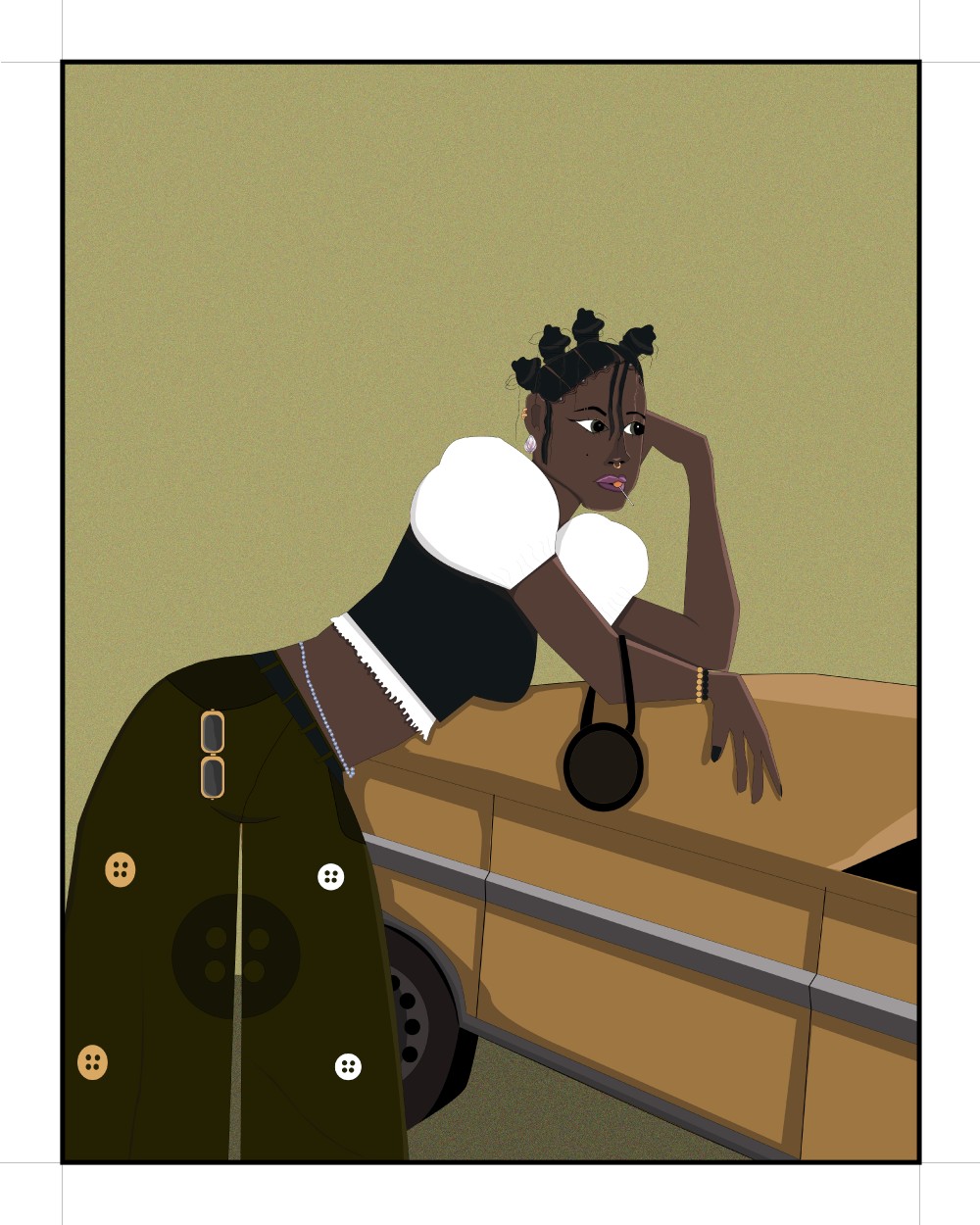 Melanin Ride is a digital illustration of a young lady leaning against a vintage yellow Cadillac, wearing a black and white cropped blouse and earth green pants with button designs, blending traditional African style with American classic car culture.