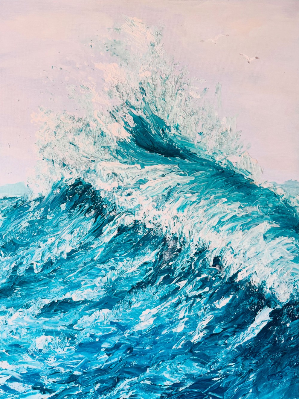 This painting captures the power and beauty of an ocean wave at the peak of its rise. Dynamic strokes in shades of blue and white create a vivid sense of movement, energy, and the endless force of water. The artist skillfully uses texture to emphasize the contrast between the foamy crest and the deep body of the wave. The atmosphere of the artwork conveys freedom, freshness, and the raw energy of the sea.