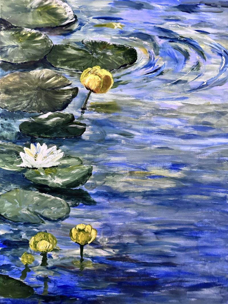 This painting captures a tranquil water scene, featuring lily pads and blooming water lilies floating on a pond. The color palette is dominated by cool blues and greens, with vibrant touches of yellow from the water lily flowers and a soft white from a single blooming lily. The artist has skillfully depicted ripples and reflections on the water's surface using dynamic brushstrokes, especially noticeable around the upper right where circular ripples create a focal point. The blending of colors in the water adds depth and movement, evoking a peaceful, slightly impressionistic atmosphere.