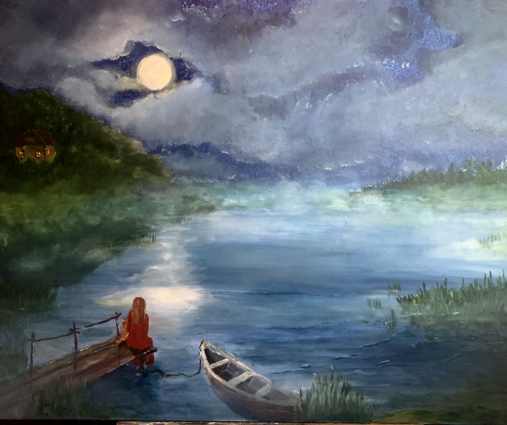 The painting invites the viewer into a serene nocturnal landscape where silence itself seems alive. A luminous full moon peers through drifting clouds, casting silver reflections across the still surface of the water. The misty shoreline dissolves into shades of green and blue, while in the distance a small house glows warmly, a reminder of safety and home amid the vastness of nature. On the wooden pier sits a solitary figure dressed in red, absorbed in quiet contemplation. She gazes at the lake, listening to the murmur of water and the unspoken dialogue of her own thoughts. Nearby, a boat lies tethered, poised for a journey, yet time appears suspended in this moment of pause. The painting becomes more than a landscape: it is a meditation on solitude, harmony, and the subtle connection between human presence and the eternal rhythms of nature, where sky, water, and spirit blend into one gentle, timeless melody.