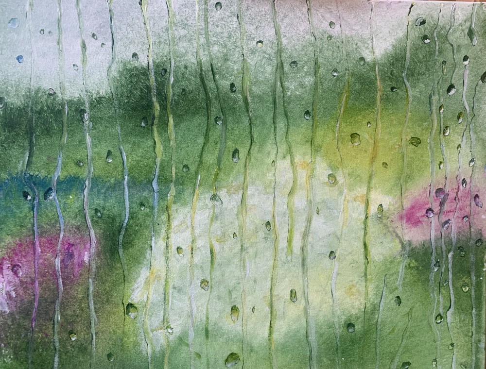 This painting feels like a trembling window where the rain writes its own secret patterns. Droplets sliding down resemble lines of invisible script, dissolving the world into soft shades of green, white, and pink. Beyond the misted glass lies a garden, though no longer real — more like a memory or a dream, where colors blend as thoughts do to the rhythm of rain. It is not just a landscape, but a state of the soul — quiet, wistful, and tenderly expectant, as if awaiting something fragile and unspoken