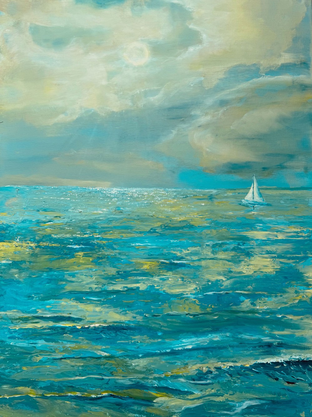 The grandeur and tranquillity of the sea. The waves sparkle in the sunlight, like a living, changing canvas of nature. The white sailboat is a symbol of travel, freedom and the search for something new. Its lonely figure contrasts with the endlessness of the sea, emphasising the fragility of man in the face of the forces of nature, but this does not stop him. The sky, covered with light clouds, lets through soft rays of sunlight, which give a feeling of peace and harmony. It is a melody of light and movement, reflection and dreams.