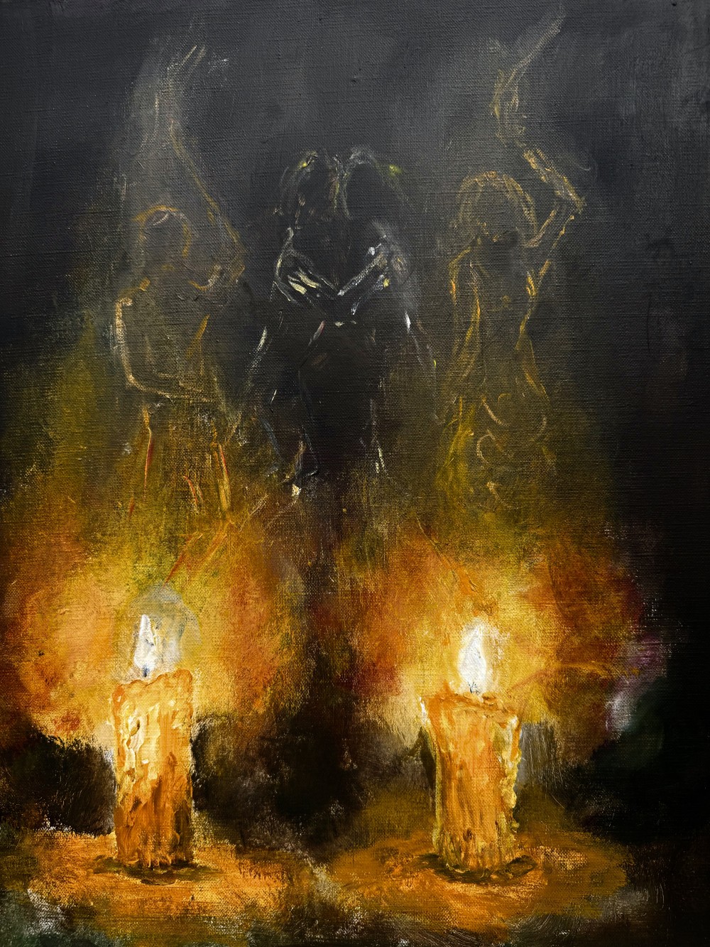 Two figures burn like candles.

Their bodies are neither flesh nor bone,

but flame and wax—consuming themselves from within,

casting light into the dark even as they dissolve into it.

From their glow, smoke takes shape—

frail, weightless silhouettes,

like echoes of memories that never were.



Between them lies a shadow.

And out of this shadow slowly rises a third figure—

not human, not ghost,

but the incarnation of an unfulfilled desire.

It reaches for them,

a presence that divides and binds,

like pain shared between two hearts

that may never be one.



This instant is a flame frozen in loss—

a bond that might have been, yet never was.

They burn in order to remember.

They vanish in order to exist.