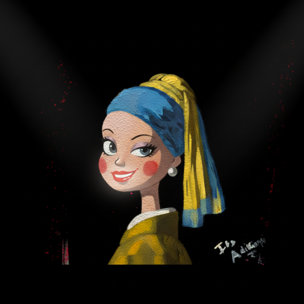 I had an absolute blast creating this piece. It started as a playful experiment. The walls were uneven, which exaggerated the subject’s features, so I decided to lean into it and have fun. The result is my own playful take on Johannes Vermeer’s “Girl with a Pearl Earring,” reimagined with a bold 90s makeup twist. It’s whimsical, vibrant, and unapologetically fun.