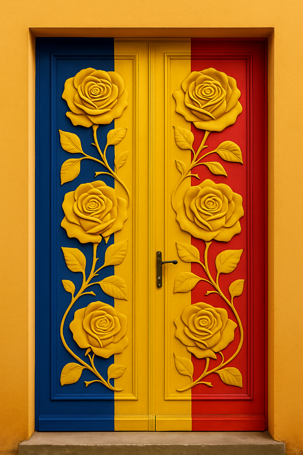 The image depicts a set of grand double doors set within a vibrant architectural frame, showcasing a striking fusion of national symbolism and ornate floral design.

The visual composition is defined by core elements:

National Colors: The doors are painted in the vertical tricolor pattern of the Romanian flag: cobalt blue on the left, chrome yellow in the center, and vermilion red on the right.

Bas-Relief Sculptures: Each door panel features three large, sculpted yellow roses arranged vertically. These roses are connected by winding, leafy stems that create a sense of elegant, symmetrical growth across the flag colors.

Texture and Material: The roses and leaves possess a matte, stone-like texture, appearing as if they were carved directly into the wood or cast from plaster. The handle is a simple, dark metallic lever that contrasts with the bright primary colors.

Symbolic Harmony: The artwork blends the rigid, geometric lines of the national flag with the soft, organic curves.