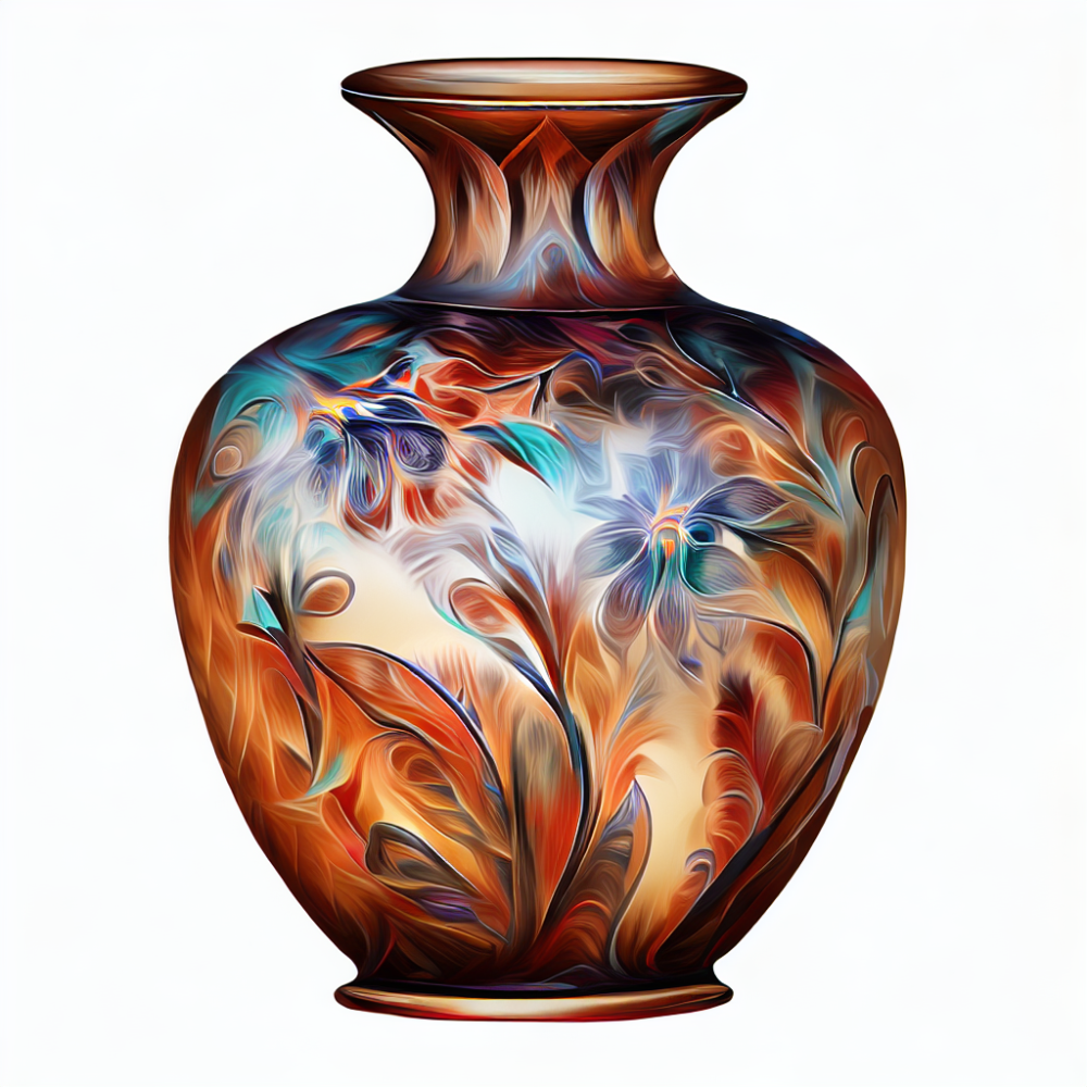 This artwork features a central ovoid vase with a wide body and a flared, copper-toned rim, set against a stark white background. The surface of the vessel is decorated with a vibrant, abstract floral pattern characterized by fluid, swirling brushstrokes that suggest movement and organic growth.

The visual composition is defined by several key elements:

* Color Palette: The design is dominated by warm, bronze and amber tones that provide a metallic glow. These are contrasted by cool highlights of cerulean blue, violet, and soft teal found within the petal-like shapes.

* Artistic Style: The piece employs a digital painterly style where the forms appear to melt and flow into one another. The thick, expressive lines create a sense of texture and depth, mimicking a heavy impasto technique.

* Subject Matter: While the shapes are abstract, they clearly evoke blooming flowers and elongated leaves that wrap around the curvature of the vase. A bright, luminous glow emanates from the center.