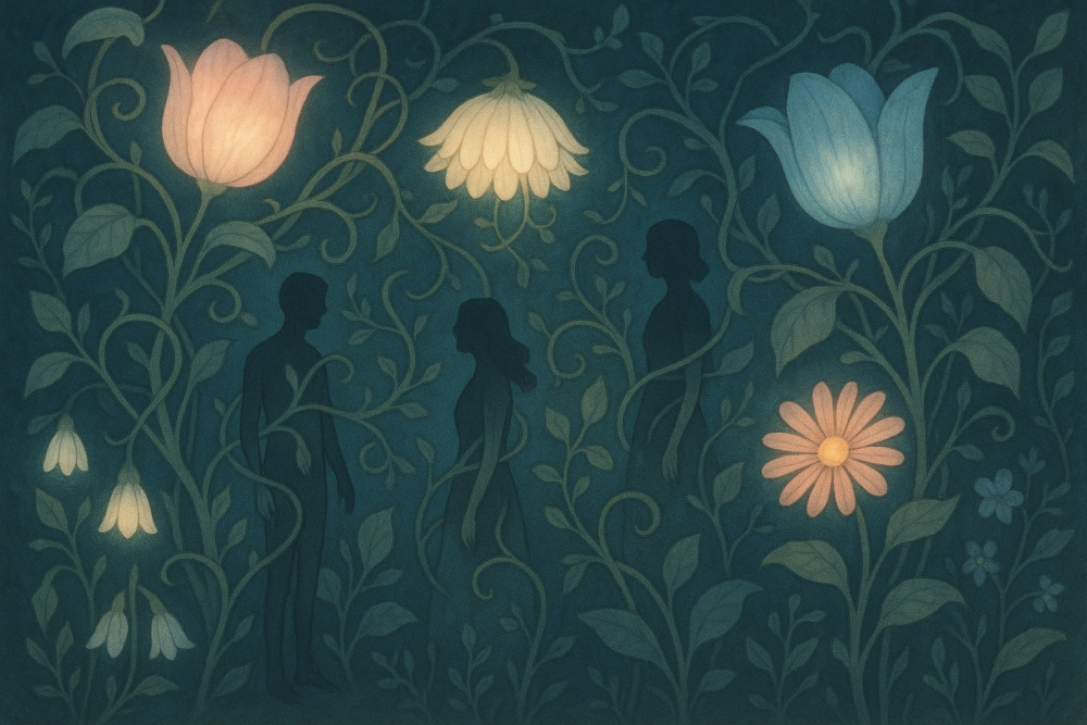 Surreal botanical illustration, dreamlike garden filled with oversized flowers glowing softly in the dark, vines intertwining with human silhouettes, pastel and muted colors, magical realism, ethereal and calm atmosphere.