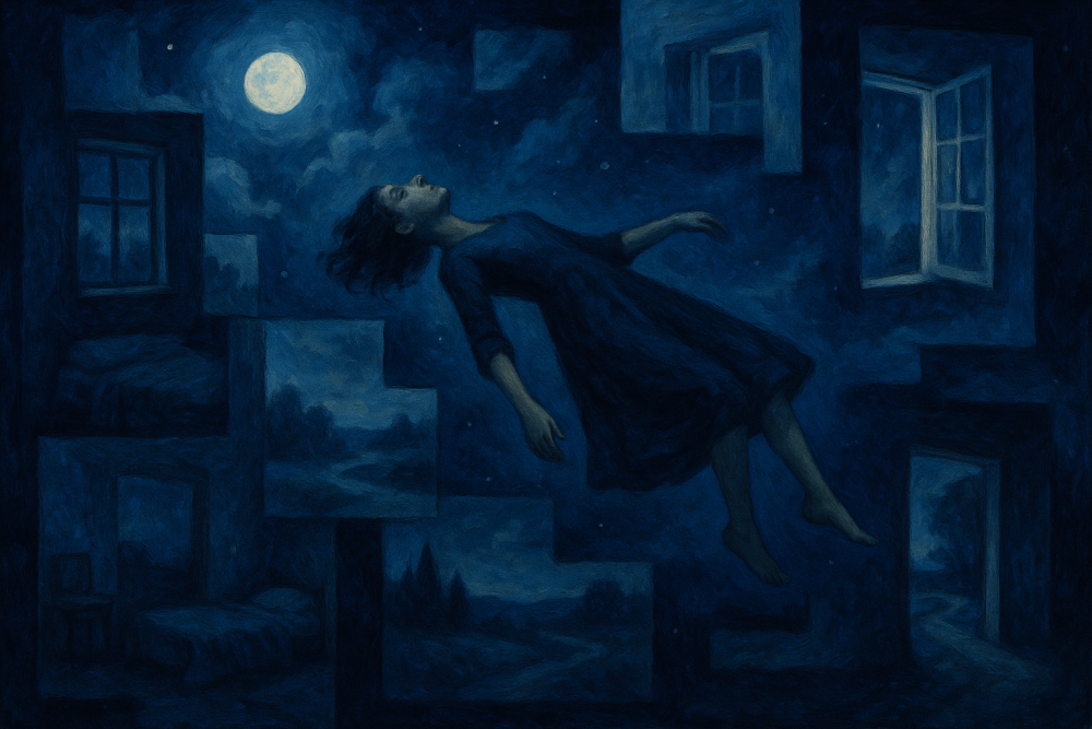 Fragmented surreal dream illustration, a figure floating in a night sky with fragments of rooms and landscapes around, moonlight and deep blue tones, mysterious and emotional, impression of subconscious diary pages, magical realism style.