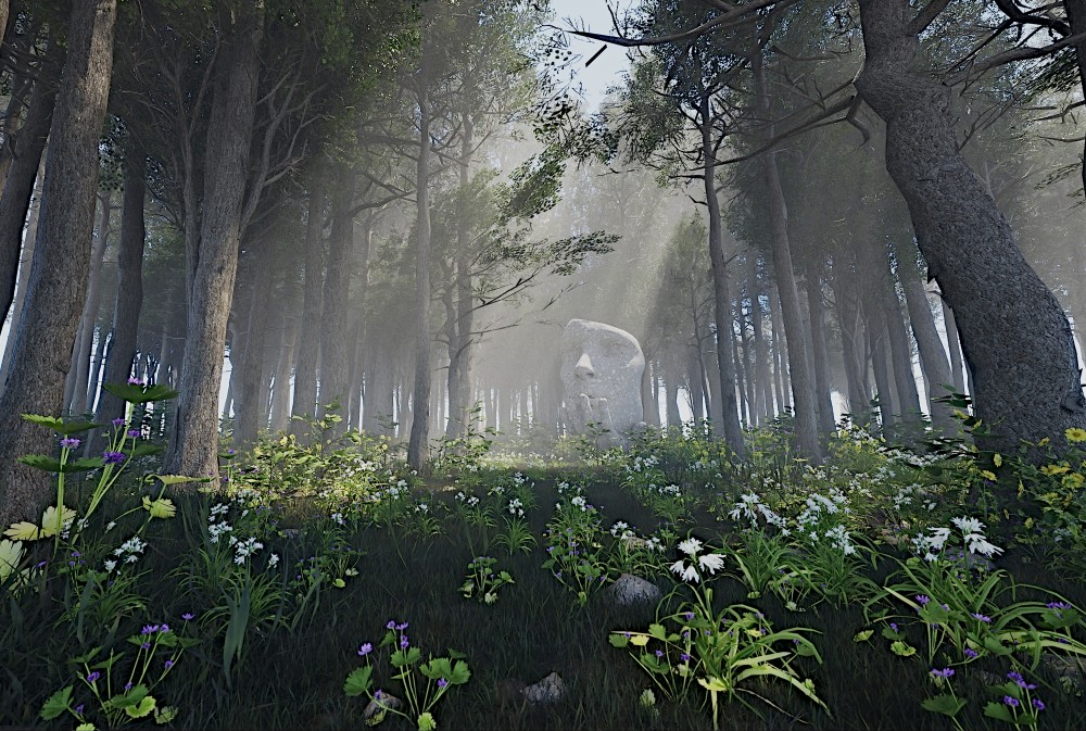 Art in the Forest, I wanted to capture the fusion between the serenity of nature and the enigmatic presence of art. By placing a human head sculpture in the heart of a dense forest, I aimed to represent how art, despite being a human creation, can integrate and find harmony within nature.
The forest, with its tall and silent trees, feels like a refuge, a secluded place where one can escape the noise of the modern world. The rays of light filtering through the foliage create an almost sacred atmosphere, inviting quiet reflection. I wanted those rays to feel like little divine touches, highlighting the spiritual connection between art and nature.
The central sculpture, which appears to be silent, represents the idea of contemplation. It’s as if it’s meditating, at peace with itself and its surroundings. The contrast between the hardness of the stone and the softness of the flowers and vegetation around it is intentional: I wanted to show how the artificial and the natural can coexist in