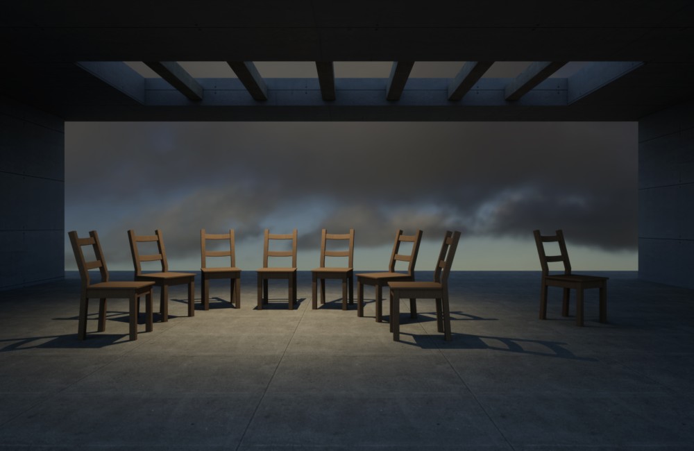 A collection that highlights the symbolism of human connection through the use of minimalism, geometry, and the management of empty space to convey a deep emotional message. By using the simplicity of elements, it transmits a profound sense of isolation and reflection.
In this piece, titled "Discrimination," I aimed to capture the silent pain that stems from exclusion. I use chairs, as in other works of mine, but this time their arrangement is key: a compact, closed group contrasts with a single chair isolated to one side. That chair, distanced from the circle, symbolizes those who have been marginalized, rejected, or simply not accepted. The emptiness surrounding it is not just a physical space; it’s a metaphor for the emotional void felt by those who experience discrimination.
By playing with light and shadow, I sought to create an atmosphere that intensified the feeling of distance. The long shadows of the chairs in the group seem to connect them, while the solitary chair is trapped