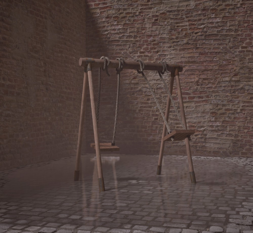 In Childhood, I seek to capture a nostalgic vision of childhood, a time that evokes both joy and loneliness in memory. The wooden swing, with its thick ropes and its structure reflected in the water, represents those moments of play and freedom that feel distant and trapped in time, within a setting of worn brick walls and a cobblestone floor, creating a contrast with the symbol of the swing, which is typically associated with companionship and children's laughter. That solitary swing conveys a sense of distance, as if those happy memories are unreachable, surrounded by shadows of experiences and growth.
With Infancia, I aim to invite reflection on how time transforms our memories. The work reflects the duality of childhood: a period of joy and freedom that, with the passing of years, turns into an echo of nostalgia and loneliness.