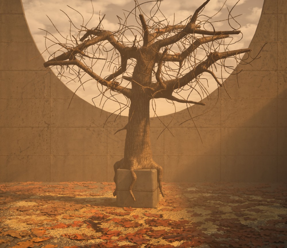 In this piece, I wanted to capture the constant struggle between nature and human intervention. The tree, with its bare and twisted branches, represents the persistence of life as it faces the barriers we impose. The concrete block symbolizes how our constructions limit, confine, and challenge natural expansion, but it also highlights nature's innate strength to adapt and resist.

The dry leaves scattered across the ground serve as a reminder of the damage caused, as nature claims a space that no longer belongs to it. The warm, sepia tones of the scene enhance this nostalgic feeling, inviting reflection on the impact of our actions. The rigid and geometric wall in the background contrasts with the organic forms of the tree, emphasizing the dichotomy between the natural and the artificial.

This piece seeks to be a call to acknowledge this tension and to value the balance between our creations and the environment that sustains us.